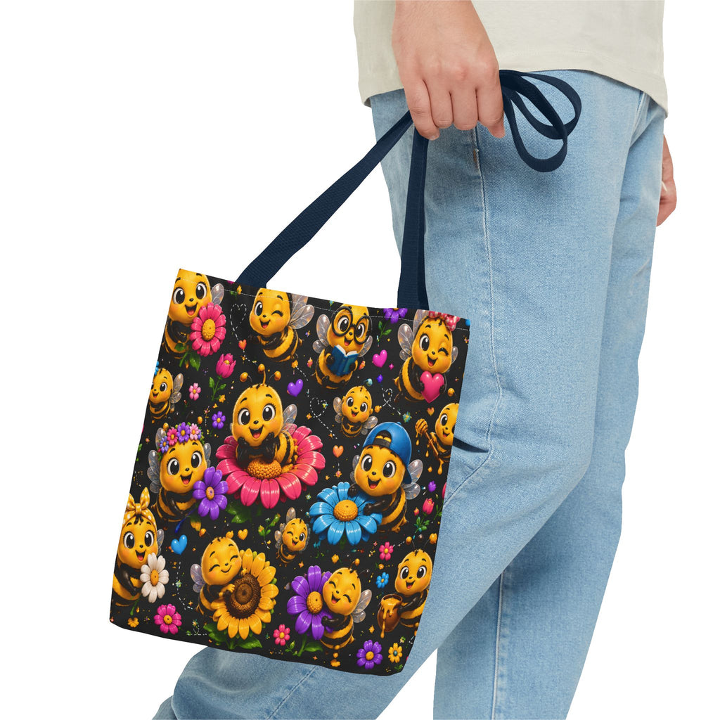 Cute Bee Pattern Tote Bag — Colorful Floral Cartoon Bees All-Over Print
