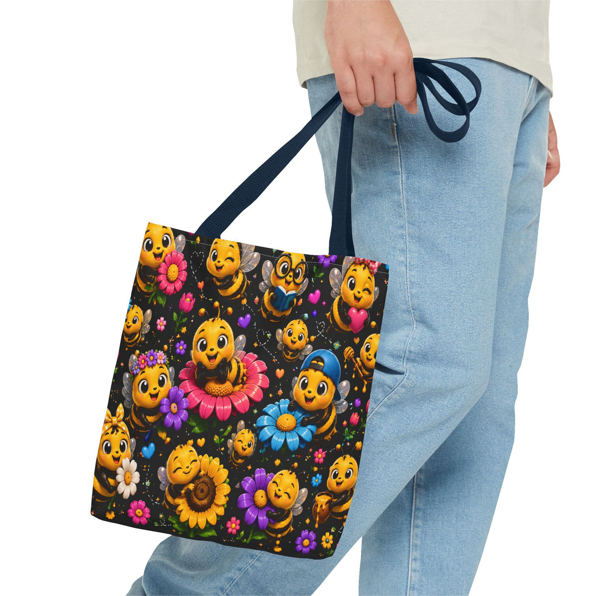 Cute Bee Pattern Tote Bag — Colorful Floral Cartoon Bees All-Over Print