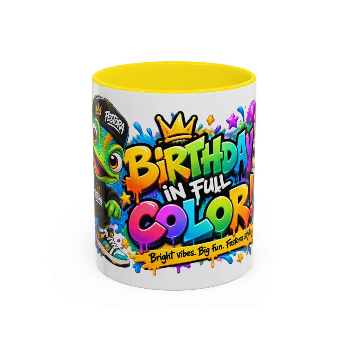 Birthday in Full Color White Ceramic Mug – Fun Colorful Birthday Coffee Cup – FestoraShop Original Design