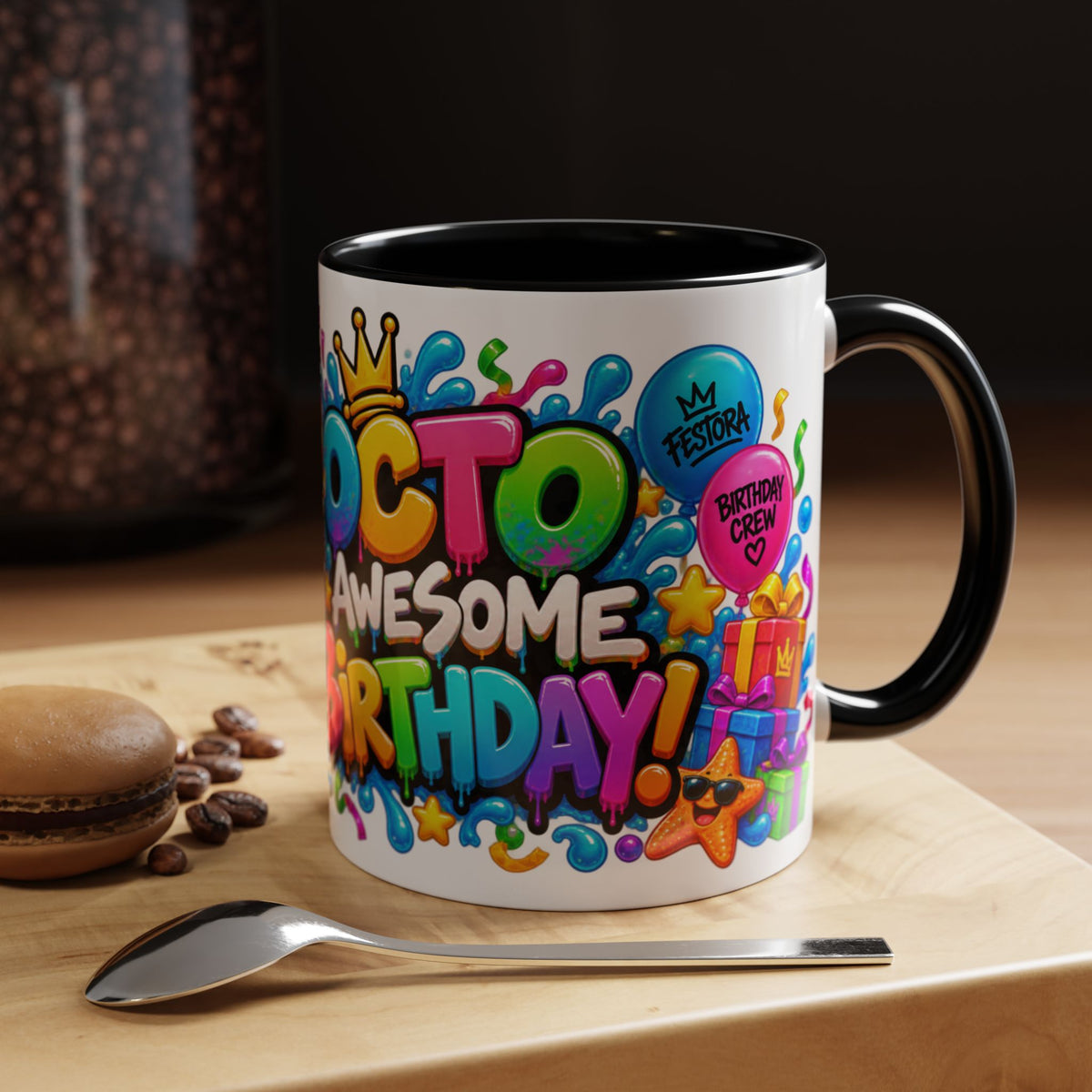 OCTO AWESOME BIRTHDAY! White Ceramic Mug – Funny Octopus Birthday Coffee Cup – Colorful Party Gift – Original FestoraShop Design
