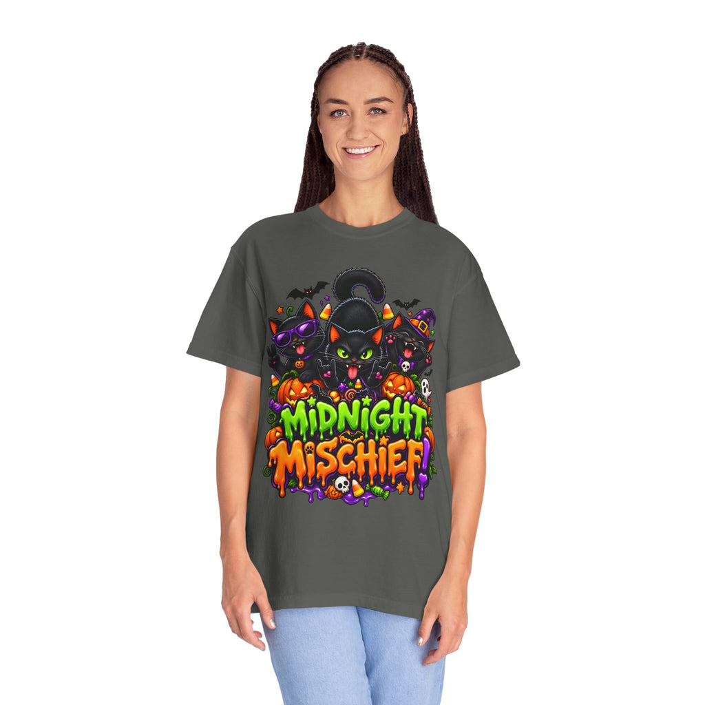 Midnight Mischief Halloween T-Shirt – Funny Black Cat Graphic Tee