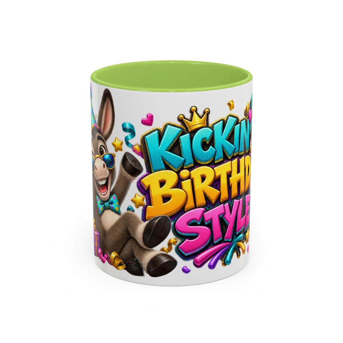 Kickin’ It Birthday Style Donkey White Mug – Funny Happy Birthday Party Cup, Cute Colorful Gift