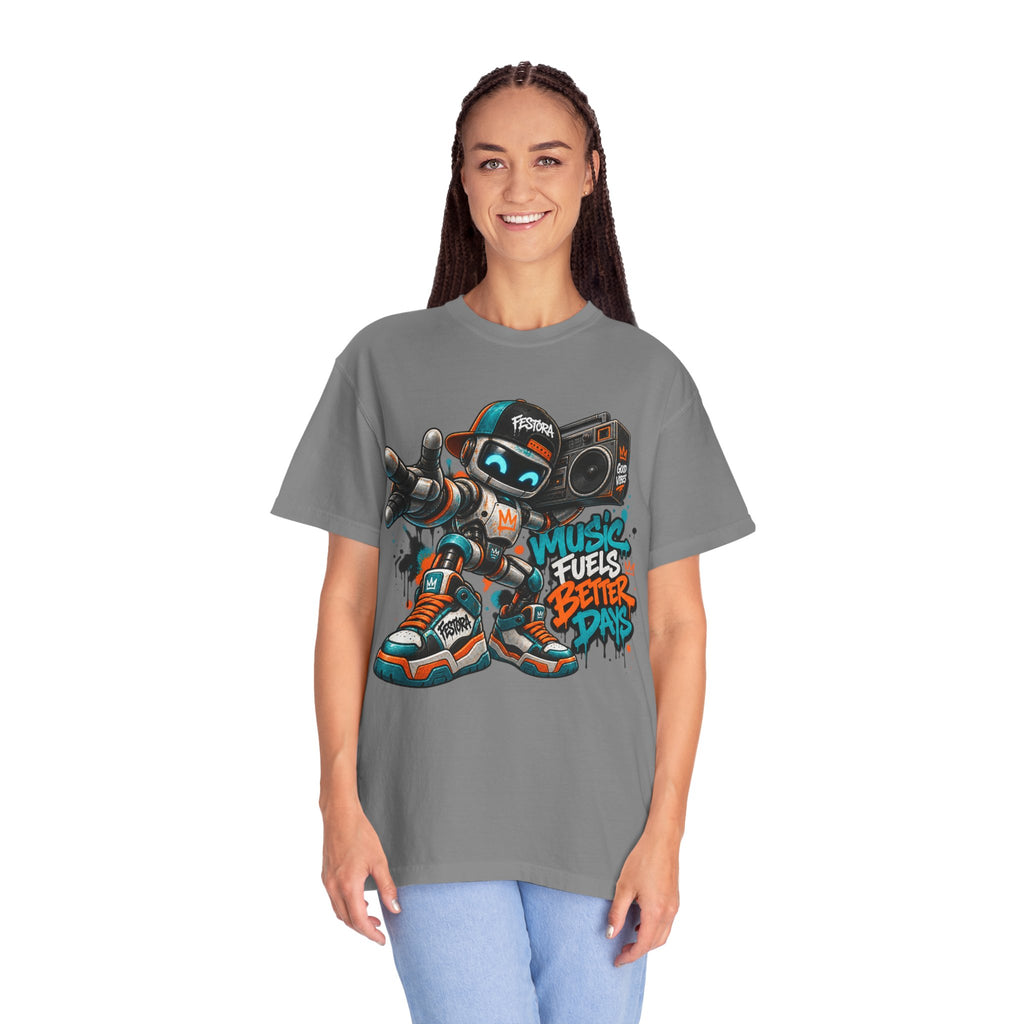Music Fuels Better Days T-Shirt — Retro Robot Boombox Streetwear