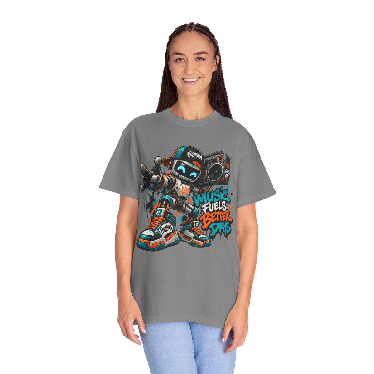 Music Fuels Better Days T-Shirt — Retro Robot Boombox Streetwear