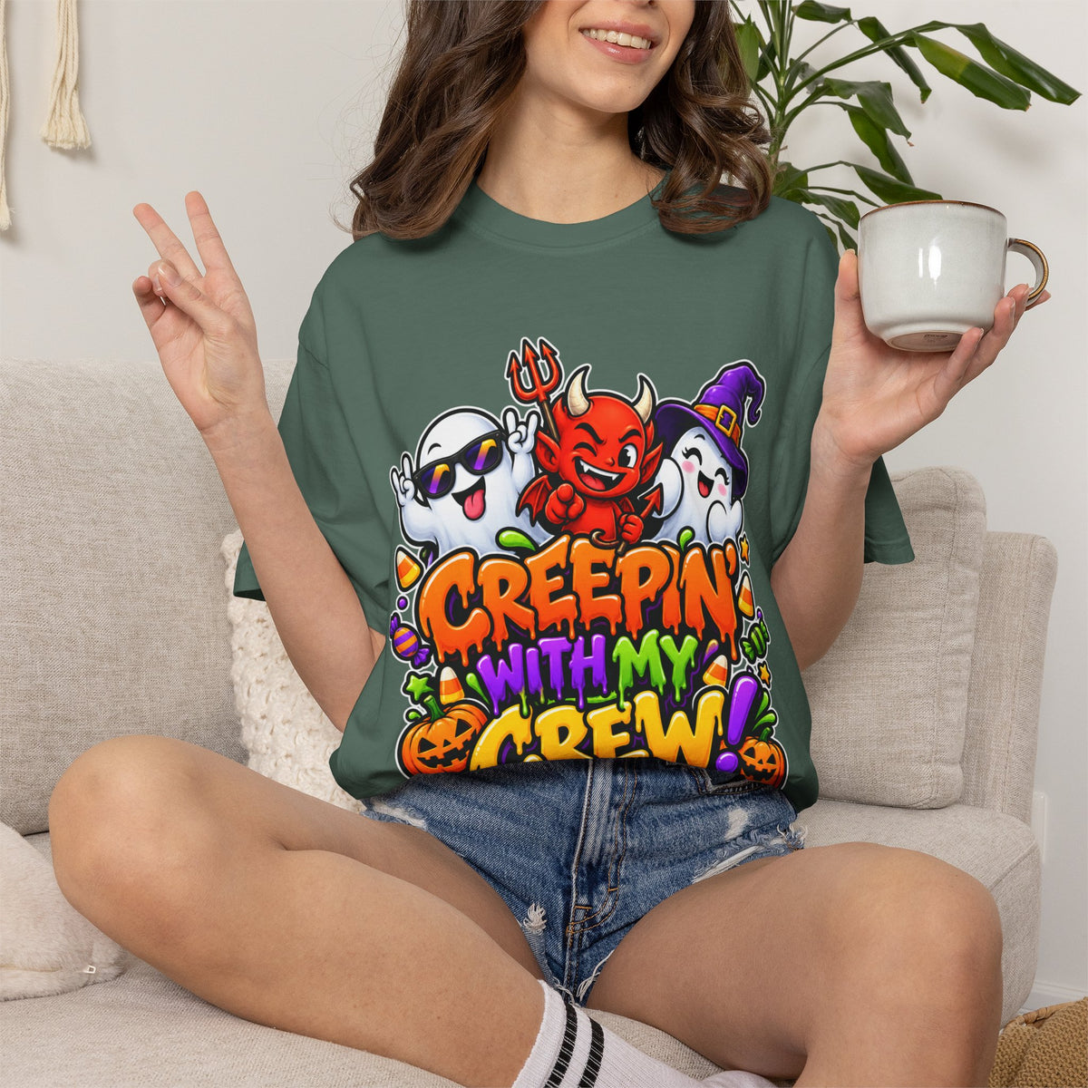 Creepin’ With My Crew Halloween T-Shirt – Colorful Funny Ghost & Devil Graphic Tee