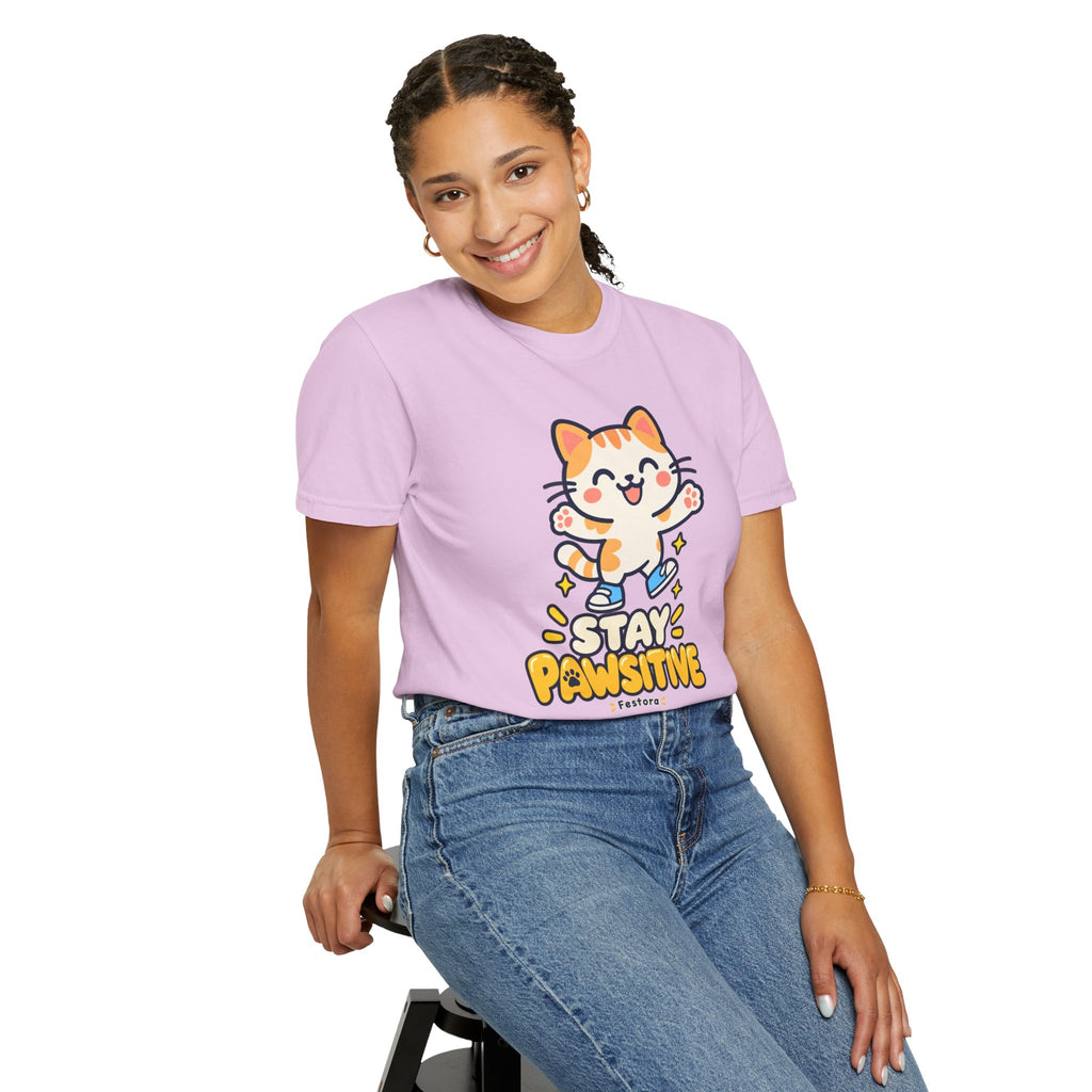Stay Pawsitive – Cute Happy Cat Graphic T-Shirt