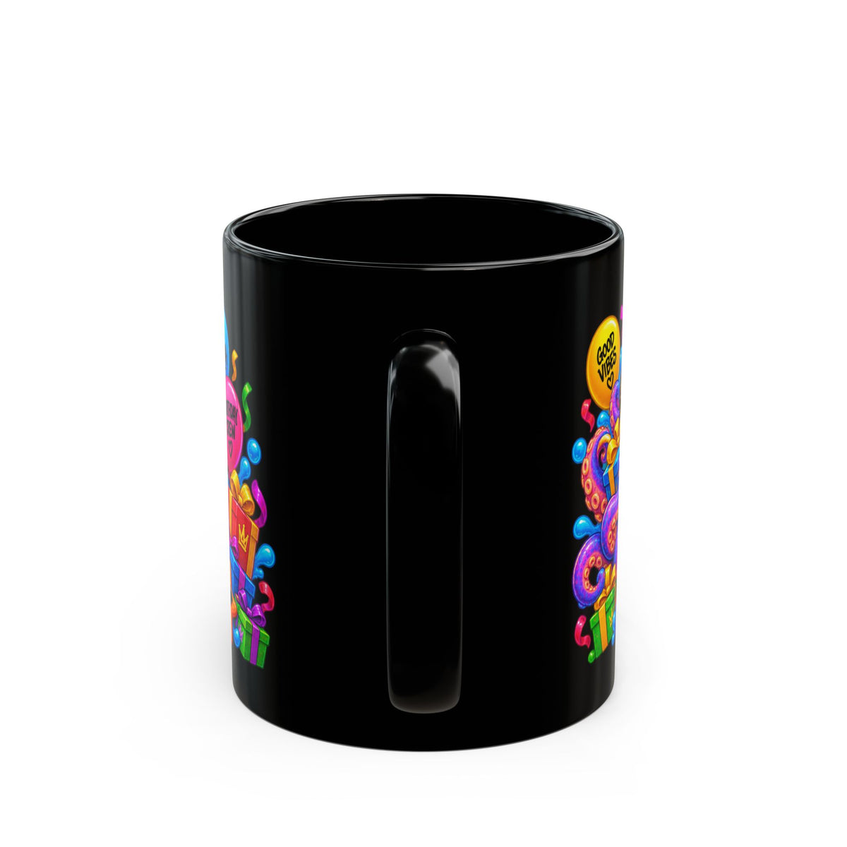 OCTO AWESOME BIRTHDAY! Black Ceramic Mug – Funny Octopus Birthday Coffee Cup – Colorful Party Gift – Original FestoraShop Design