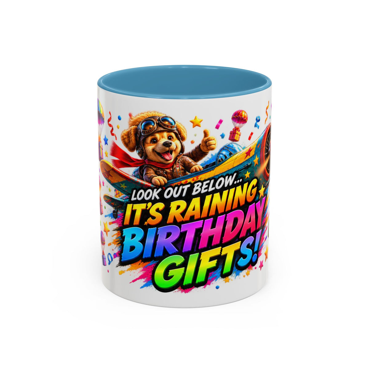 Birthday Gifts Coffee Mug — "It's Raining Birthday Gifts!" Colorful Accent Mug