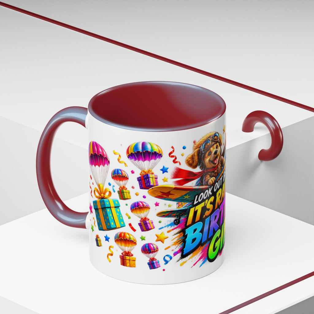 Birthday Gifts Coffee Mug — "It's Raining Birthday Gifts!" Colorful Accent Mug