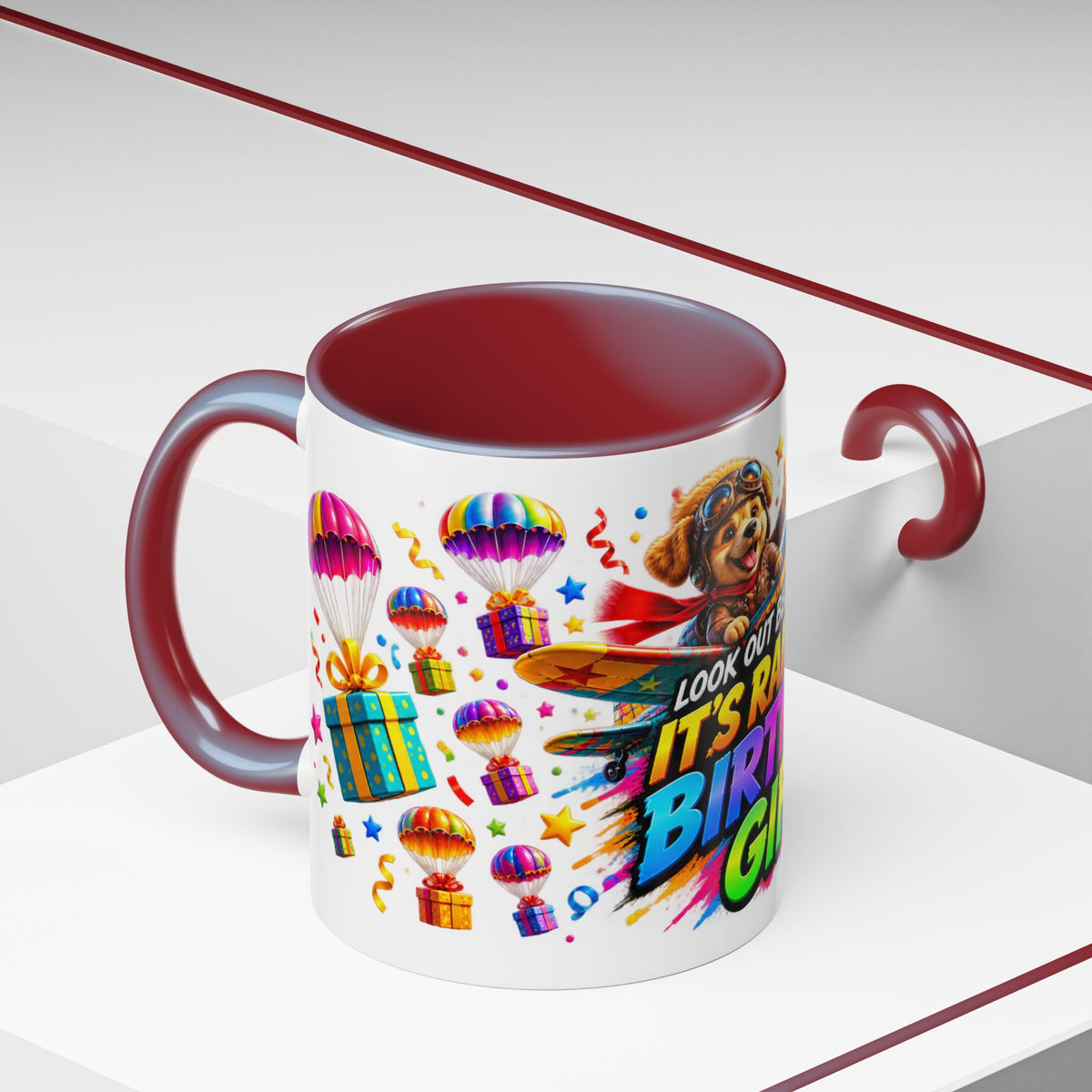 Birthday Gifts Coffee Mug — "It's Raining Birthday Gifts!" Colorful Accent Mug