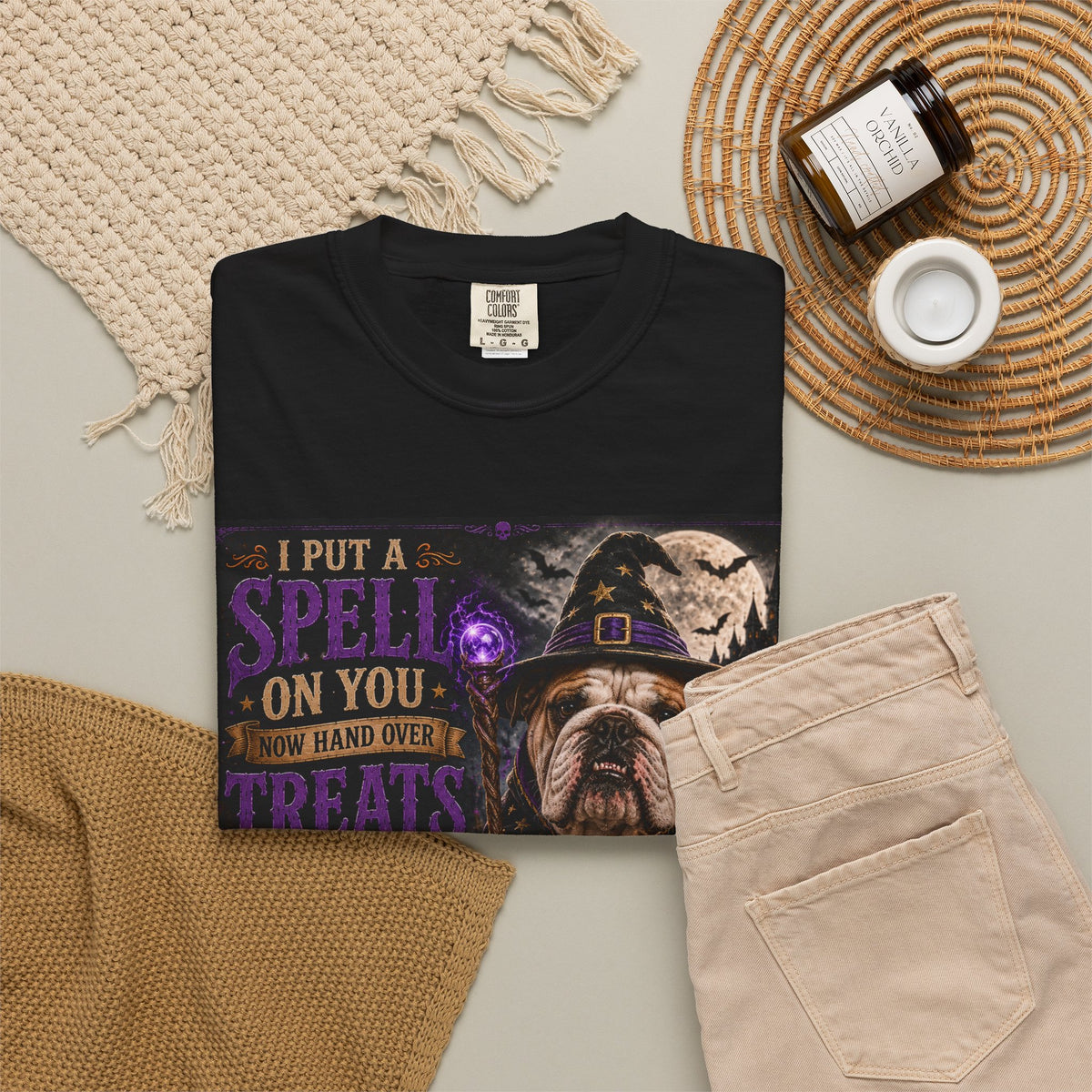 Halloween Bulldog Witch T-Shirt – "I Put a Spell on You" Spooky Dog Tee
