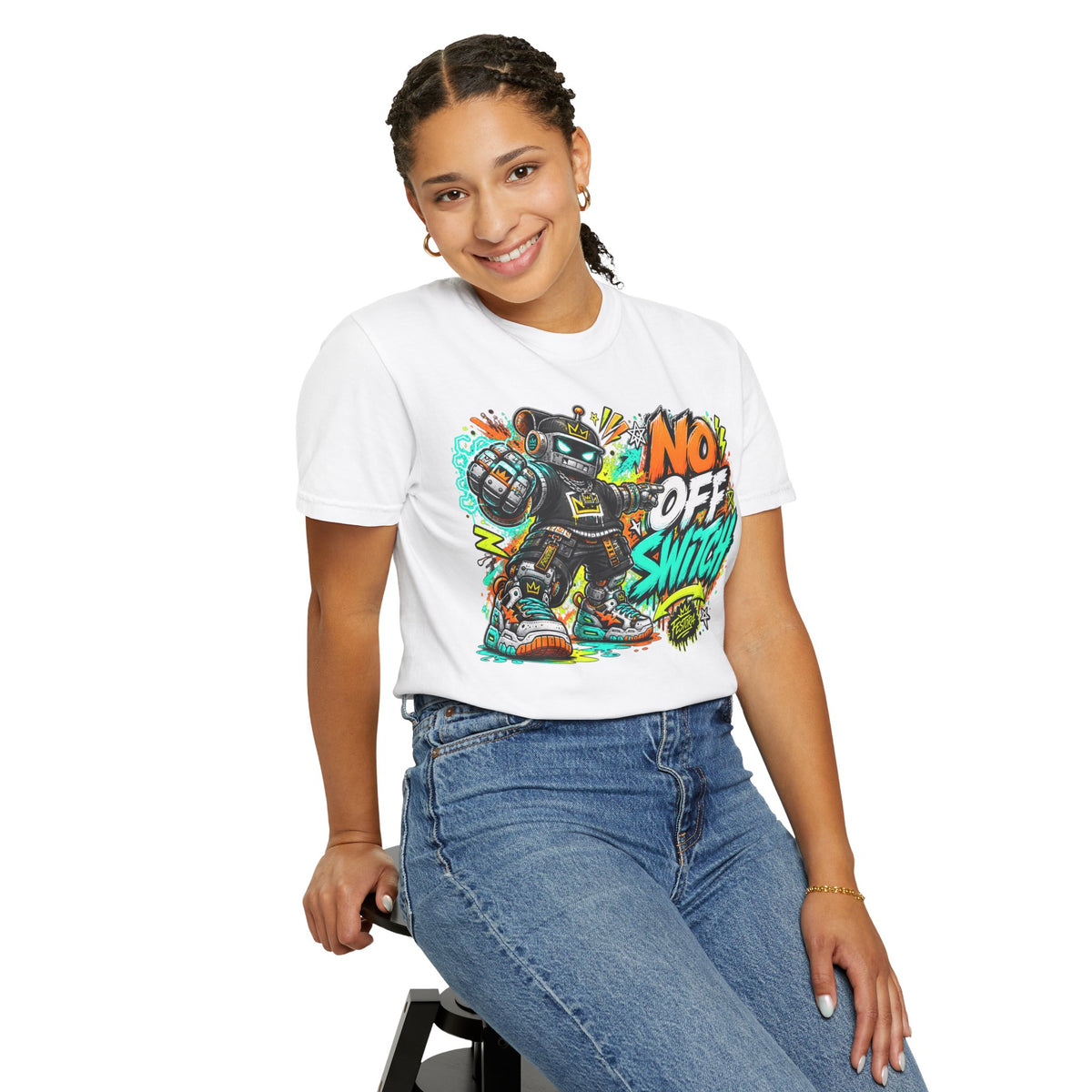 No Off Switch Robot Graphic T-Shirt — Bold Retro Streetwear Design