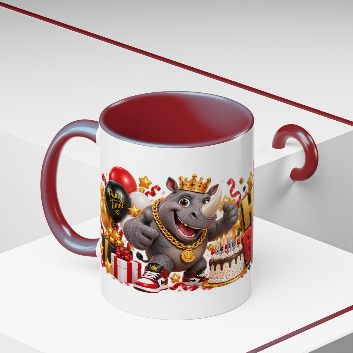 Happy Birthday Rhino Mug – Colorful 3D Birthday Gift – White Coffee Mug