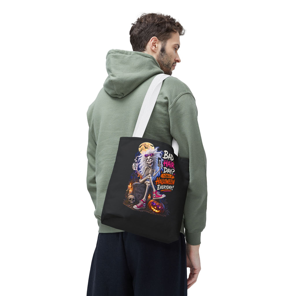 Halloween Skeleton Tote Bag — "Bad Hair Day? I Call It Halloween Everyday" Graphic