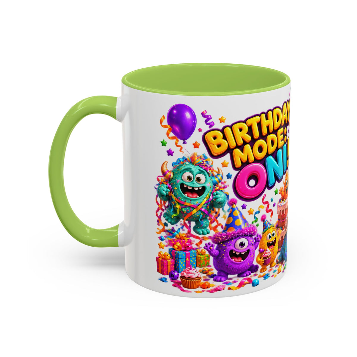 Birthday Mode On Monsters Coffee Mug — Colorful Party Coffee Cup (11/15oz)