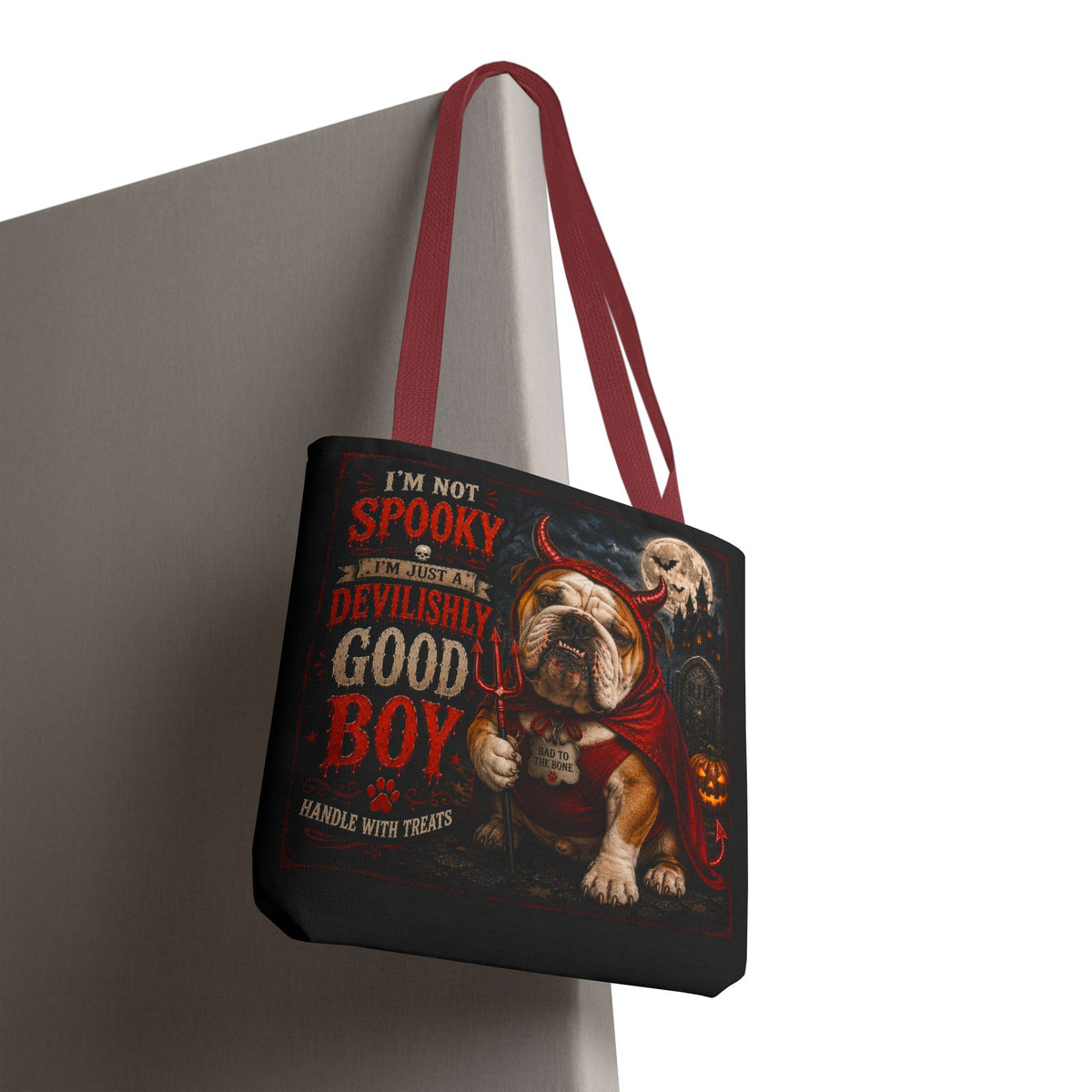 Halloween Bulldog Tote Bag — "I'm Not Spooky, I'm Just a Devilishly Good Boy"