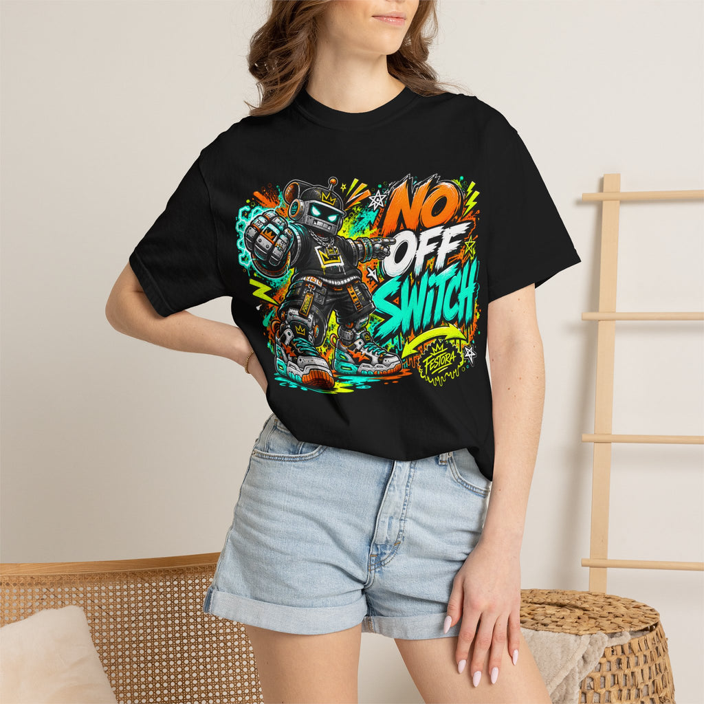 No Off Switch Robot Graphic T-Shirt — Bold Retro Streetwear Design