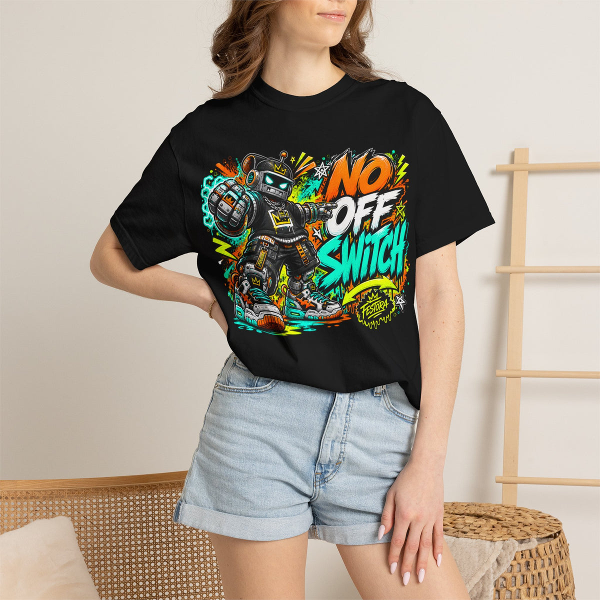 No Off Switch Robot Graphic T-Shirt — Bold Retro Streetwear Design