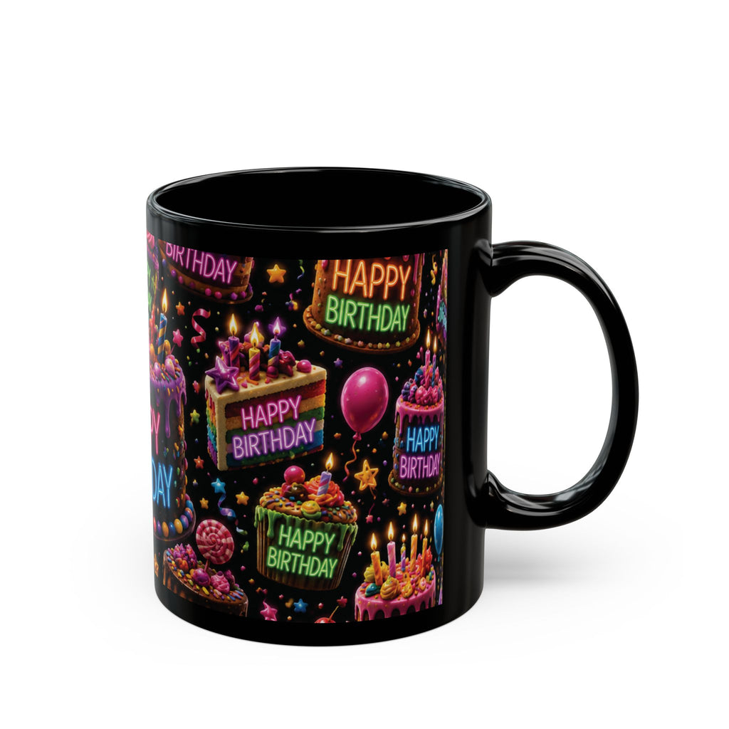 Happy Birthday Neon Cake Black Mug — Colorful Party Coffee Cup (11oz/15oz)