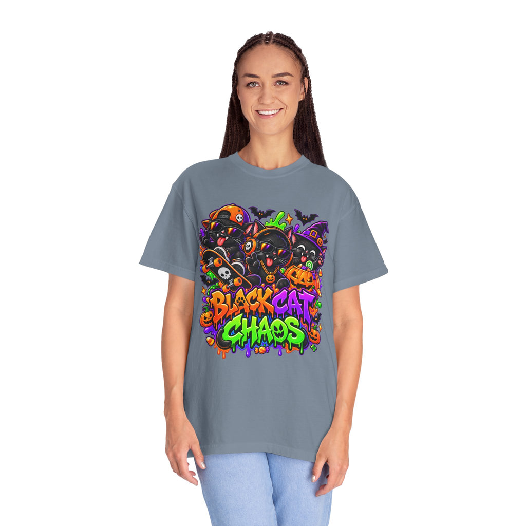 Neon Black Cat Halloween Chaos T-Shirt | Cute Spooky Cat Graphic Tee