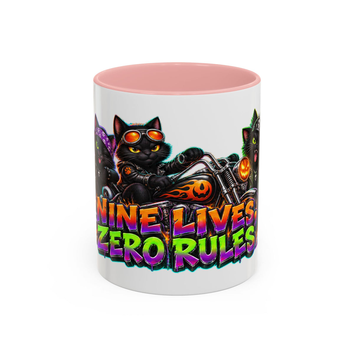 Nine Lives Zero Rules Biker Cats Halloween White Mug