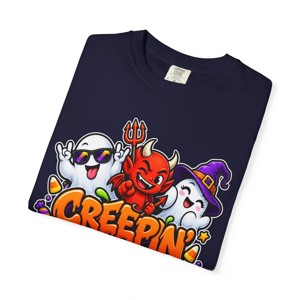 Creepin’ With My Crew Halloween T-Shirt – Colorful Funny Ghost & Devil Graphic Tee