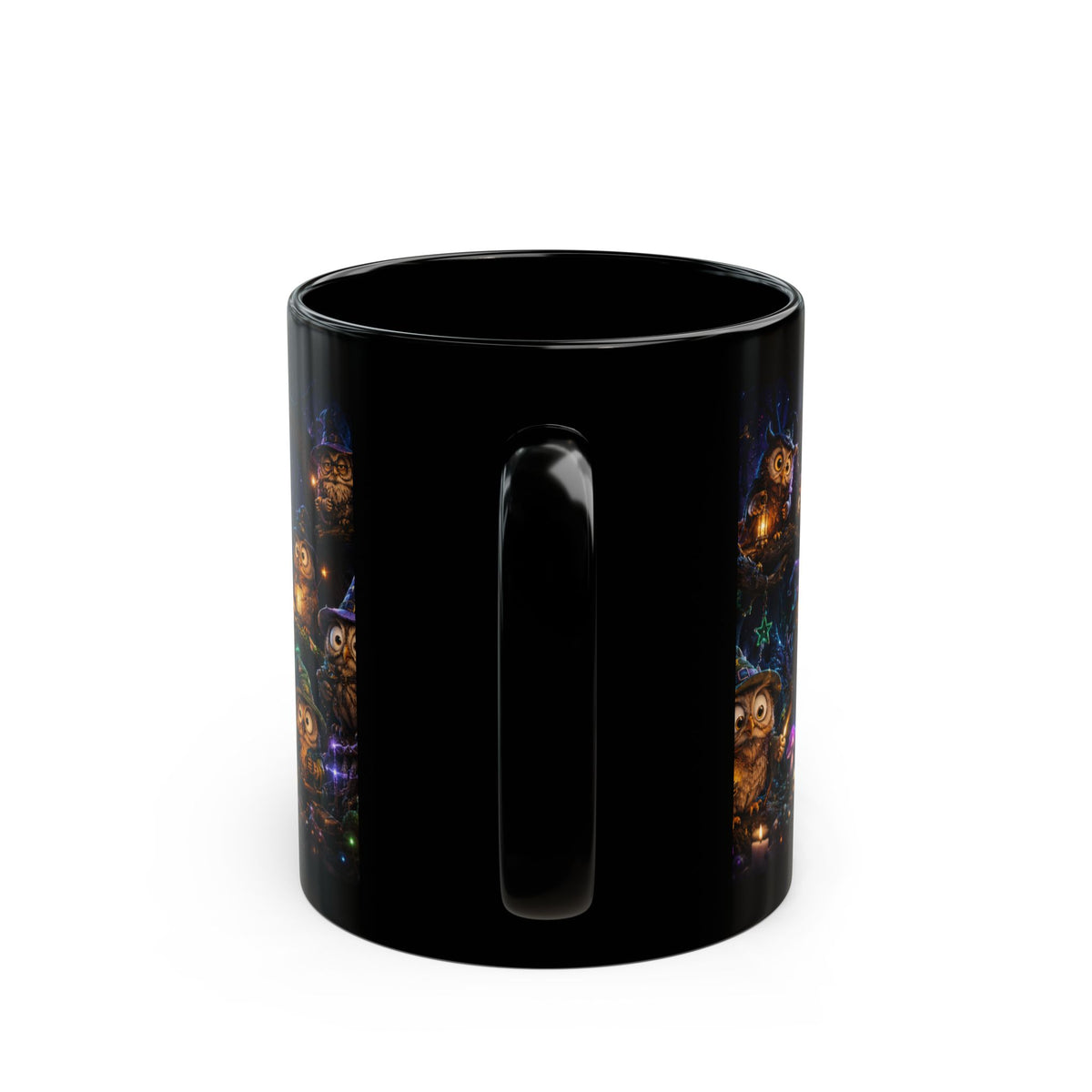 Halloween Owl Magic Black Mug — Witchy Owls Night Sky Coffee Cup (11oz/15oz)