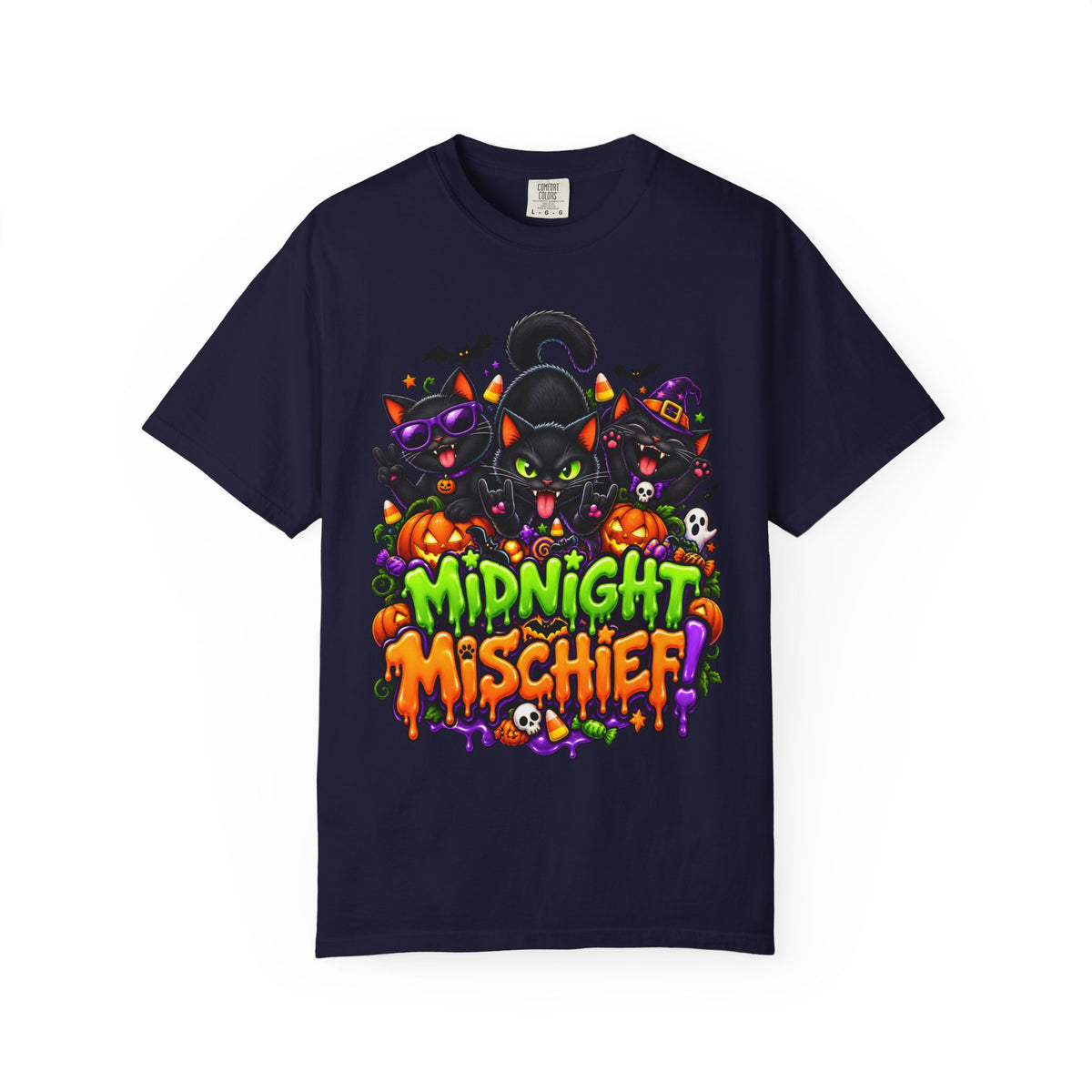 Midnight Mischief Halloween T-Shirt – Funny Black Cat Graphic Tee