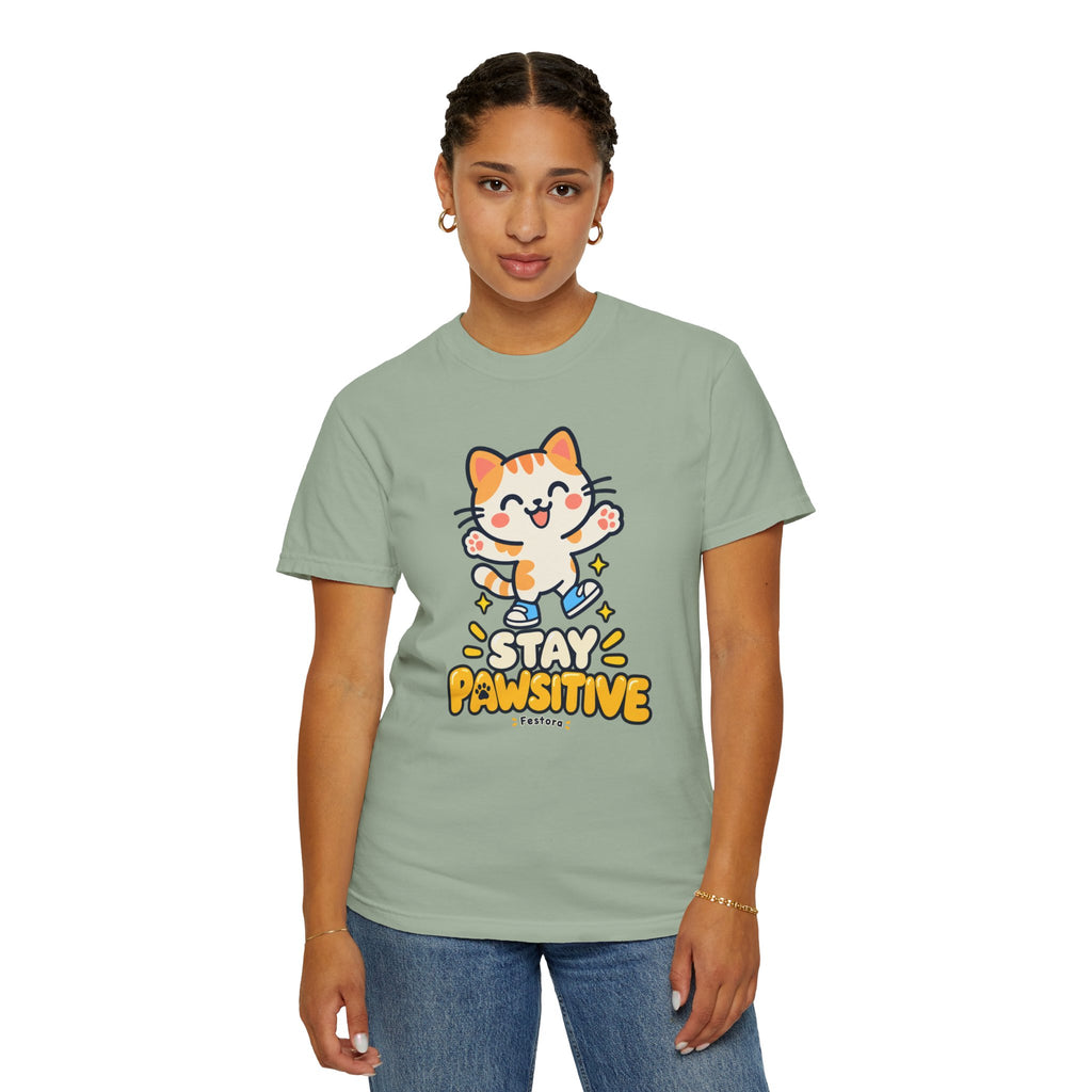 Stay Pawsitive – Cute Happy Cat Graphic T-Shirt