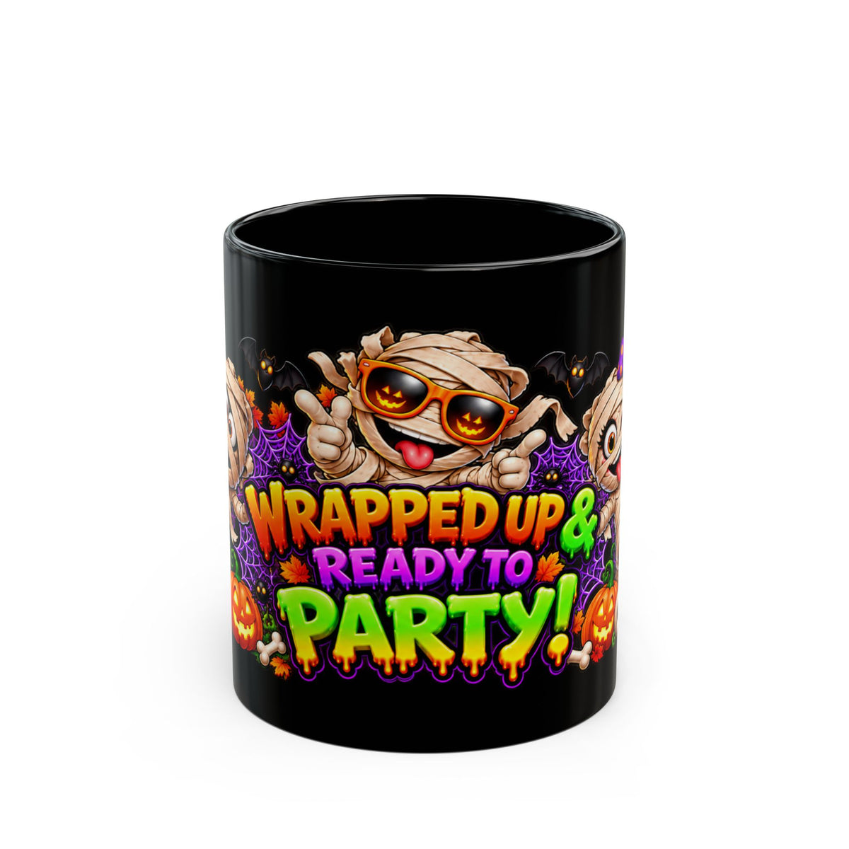 Wrapped Up & Ready to Party Black Mug – Funny Mummies & Halloween Design
