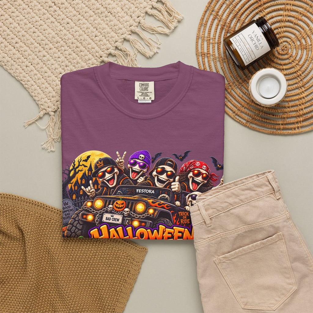Halloween Crew T-Shirt – Skeleton Jeep Spooky Graphic Tee