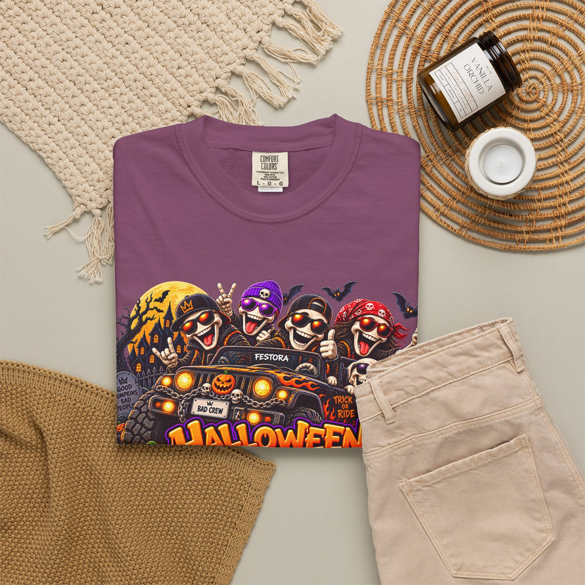 Halloween Crew T-Shirt – Skeleton Jeep Spooky Graphic Tee