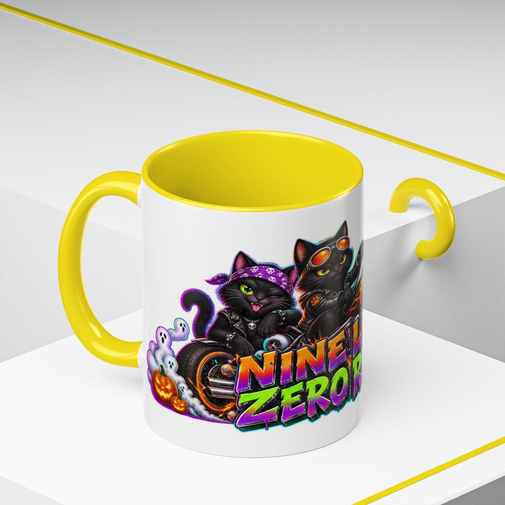 Nine Lives Zero Rules Biker Cats Halloween White Mug
