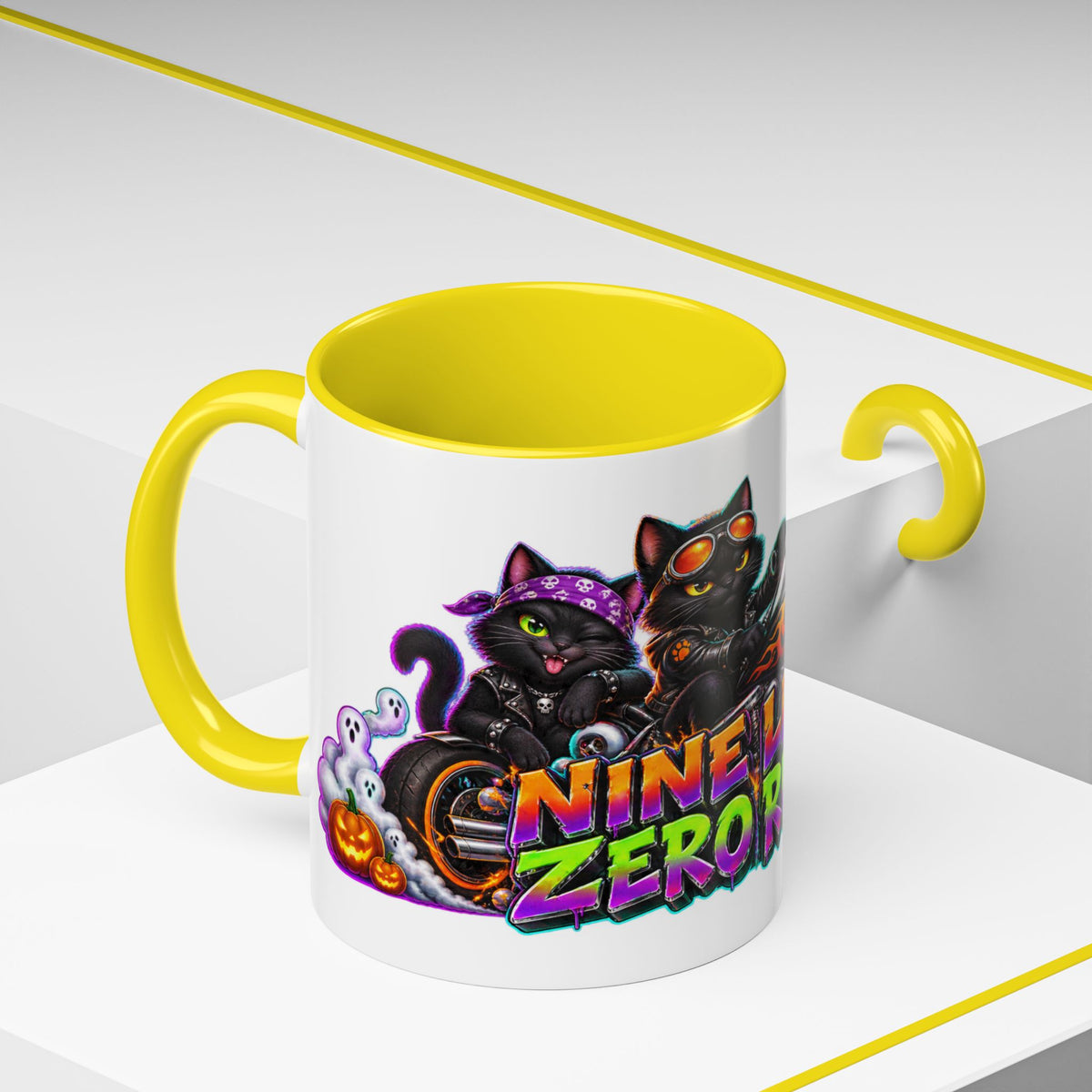 Nine Lives Zero Rules Biker Cats Halloween White Mug