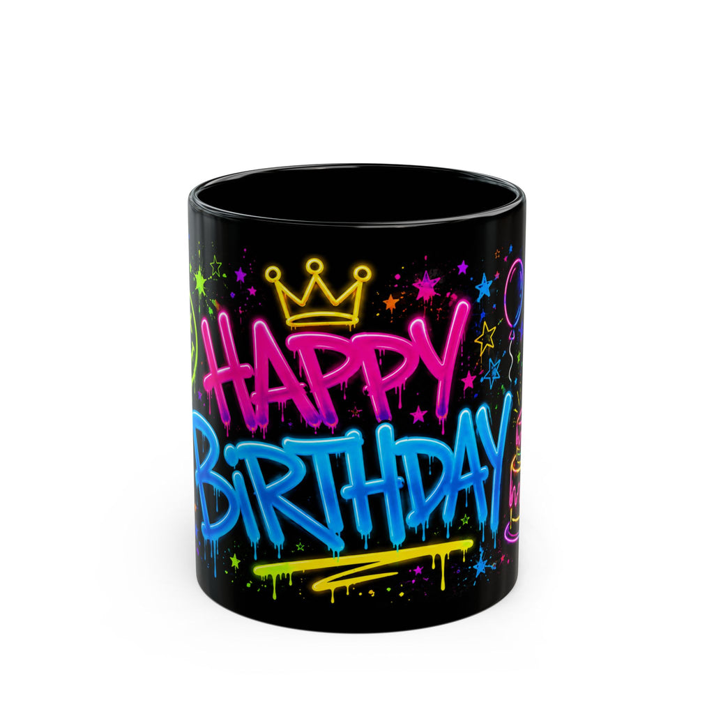 Happy Birthday Neon Graffiti Mug — Colorful Black Birthday Coffee Cup