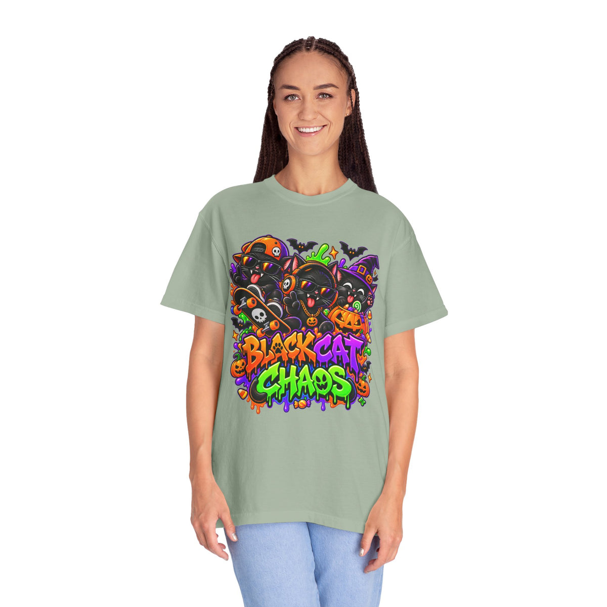 Neon Black Cat Halloween Chaos T-Shirt | Cute Spooky Cat Graphic Tee