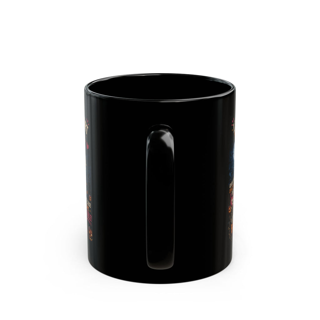 Black Halloween Mug — "Life's Too Short to Be Boring" Spooky Skeleton Rider (11oz/15oz)
