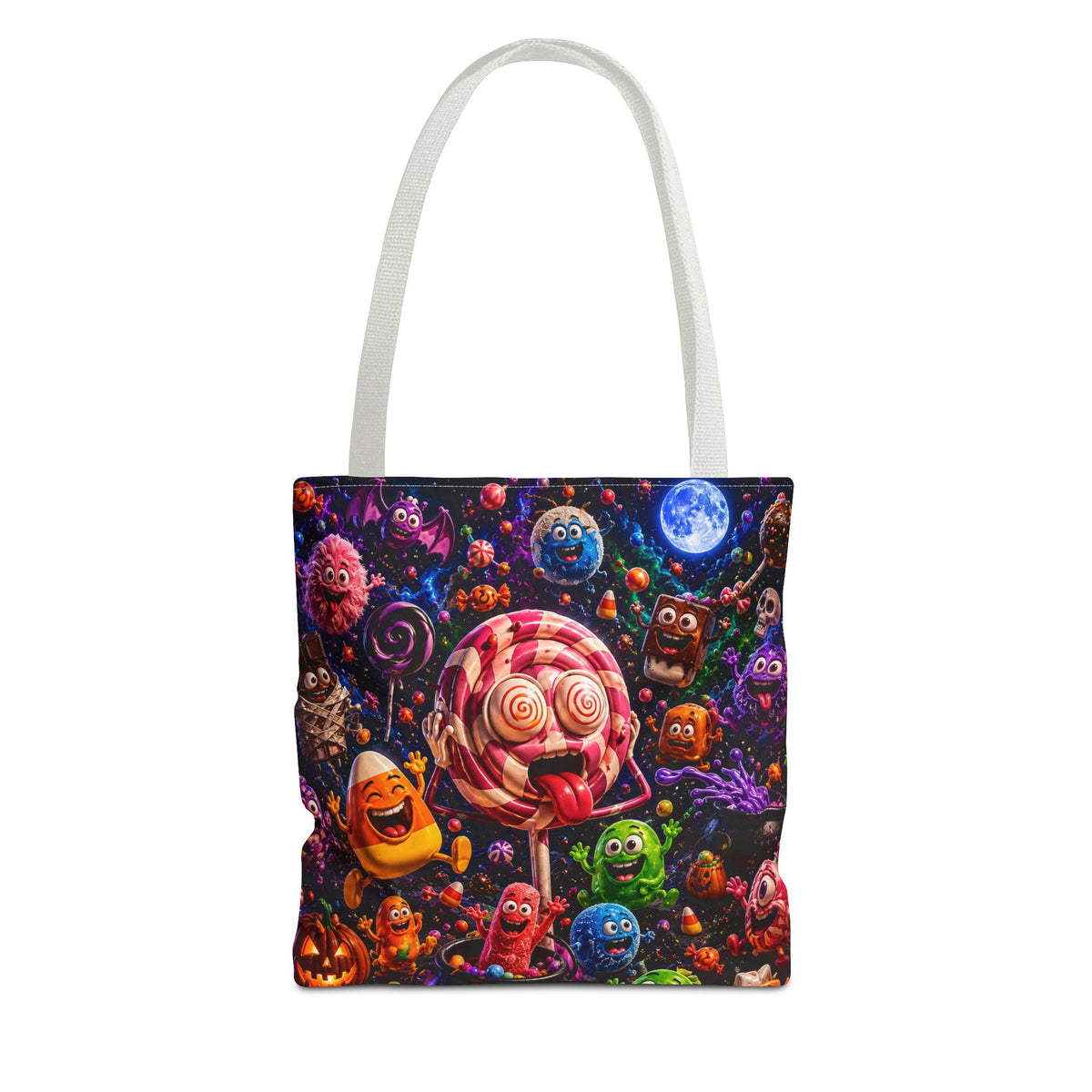 Crazy Halloween Candy Monsters Tote Bag — Colorful 3D Lolipop & Treats Design
