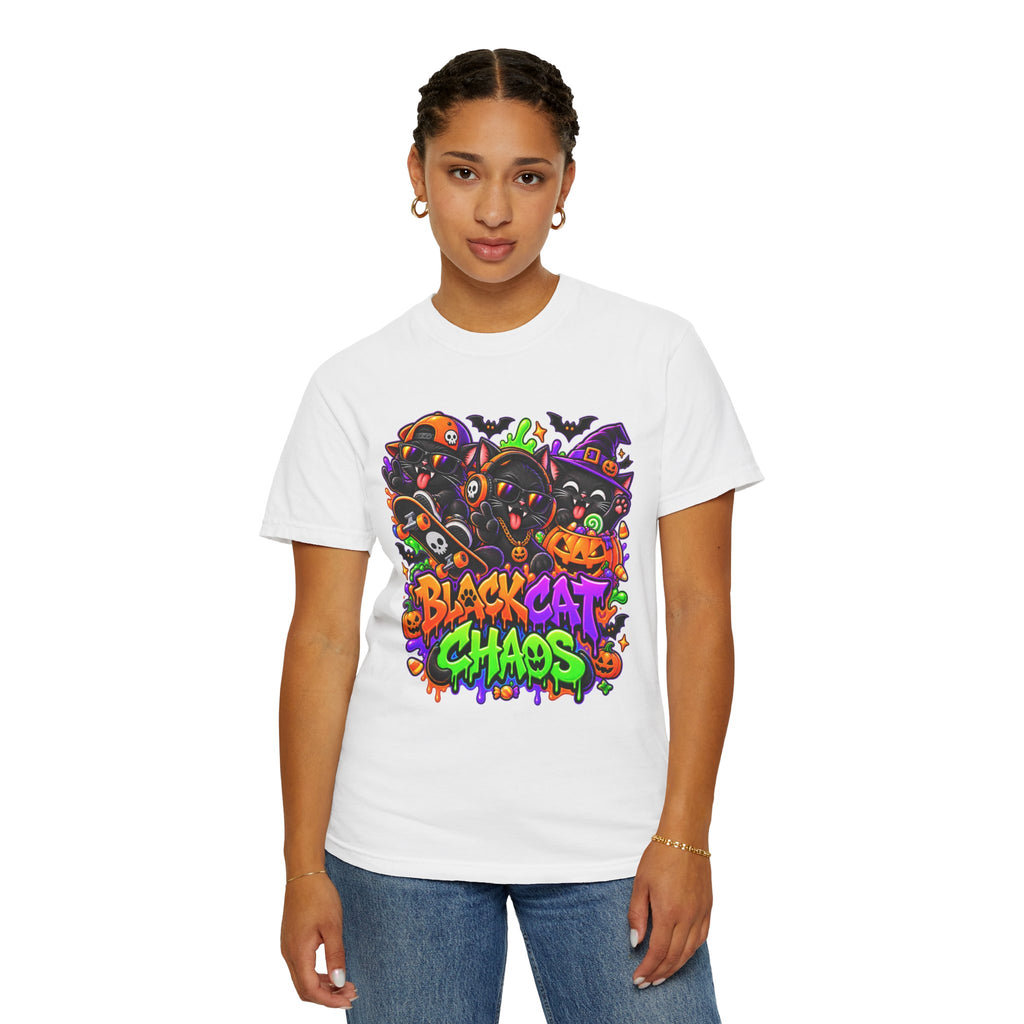 Neon Black Cat Halloween Chaos T-Shirt | Cute Spooky Cat Graphic Tee