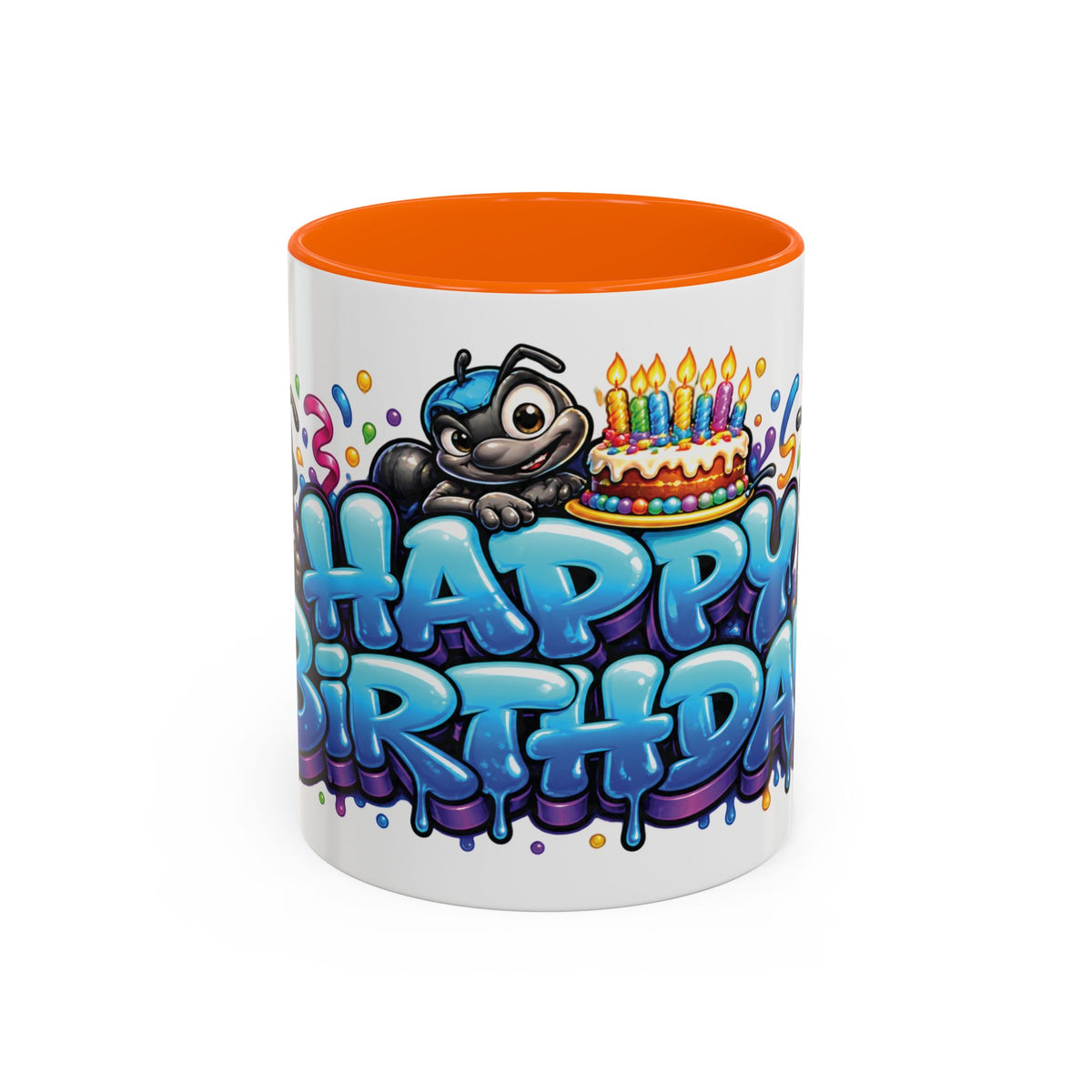 Happy Birthday Cartoon Mug – Graffiti Ants, Birthday Cake, Balloons & Confetti Coffee Cup