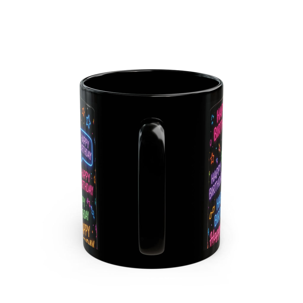 Happy Birthday Neon Typography Mug — Colorful Black Celebration Cup