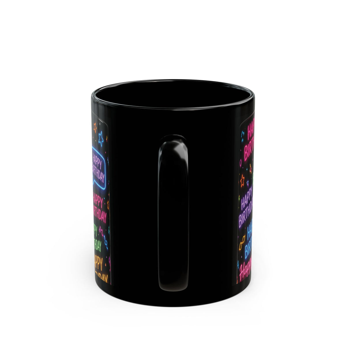 Happy Birthday Neon Typography Mug — Colorful Black Celebration Cup
