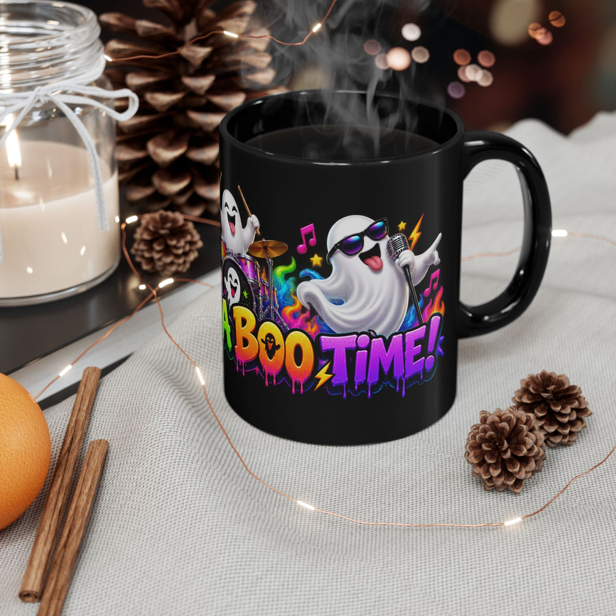 Here for a Boo Time Halloween Ghost Rock Band Black Mug