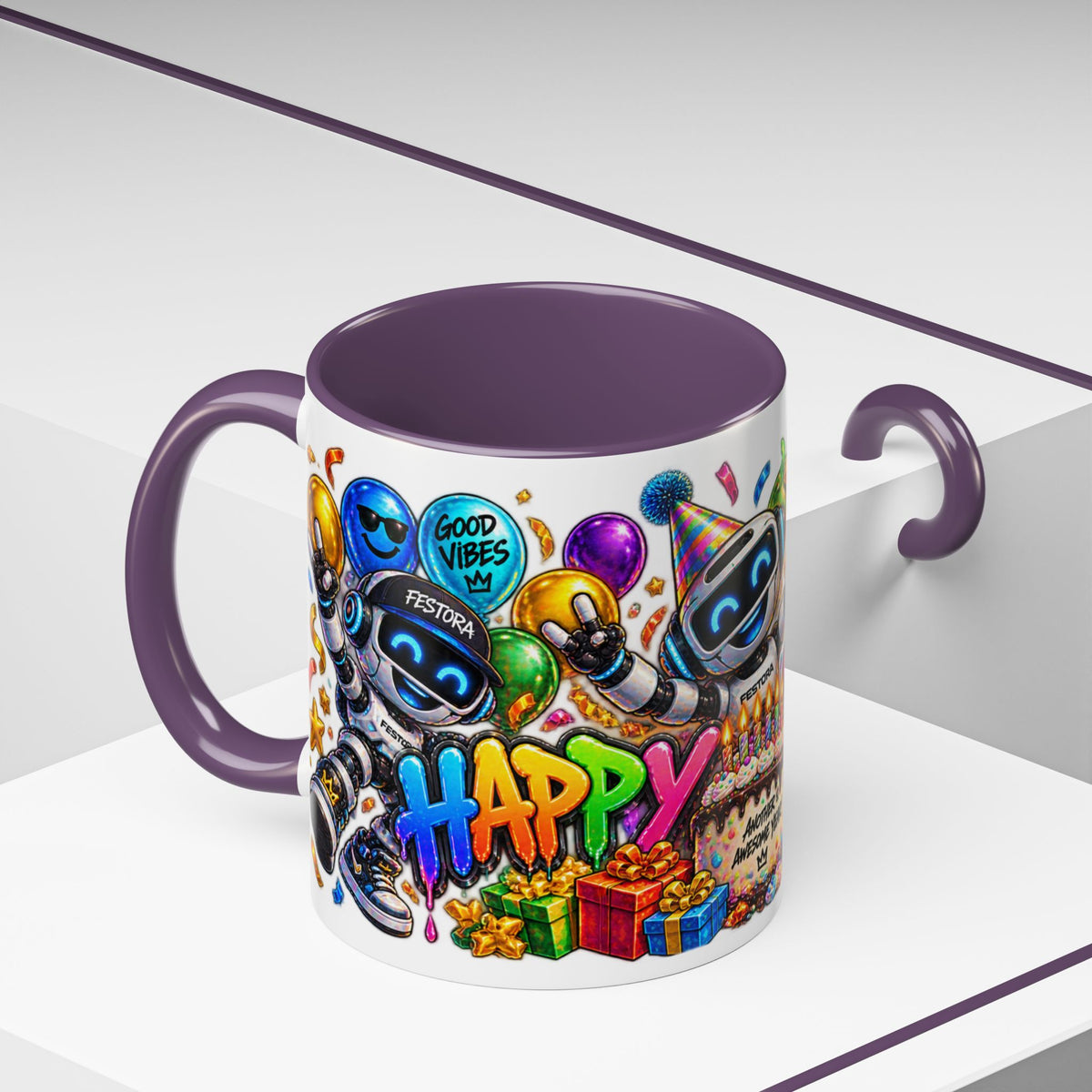 Birthday Robot Coffee Mug — Colorful Happy Birthday Accent Mug (11oz)