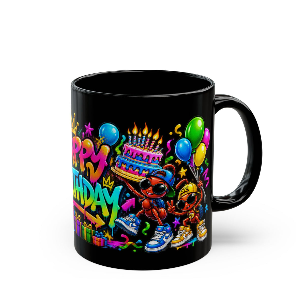 Happy Birthday Black Mug — Colorful Graffiti Celebration Coffee Cup (11oz/15oz)