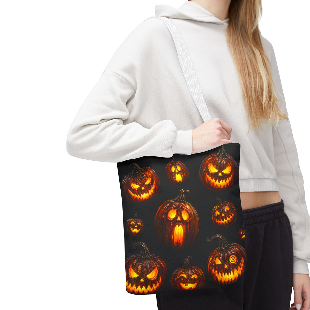 Halloween Jack-o'-Lantern Tote Bag — Spooky Pumpkin All-Over Print Trick-or-Treat Tote