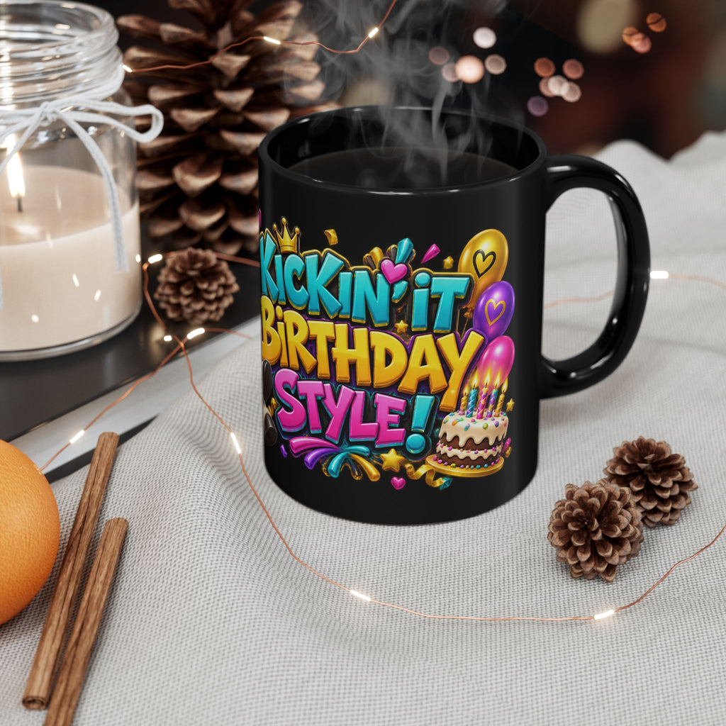 Kickin’ It Birthday Style Donkey Black Mug – Funny Happy Birthday Party Cup, Colorful Festive Gift