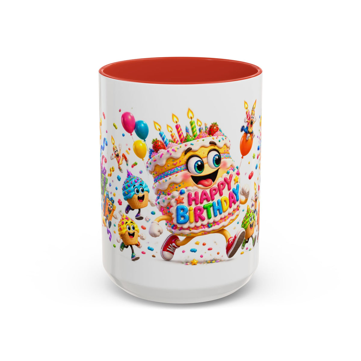Birthday Party Coffee Mug – Colorful Happy Birthday Cake & Balloon Design (11/15oz Accent Mug)