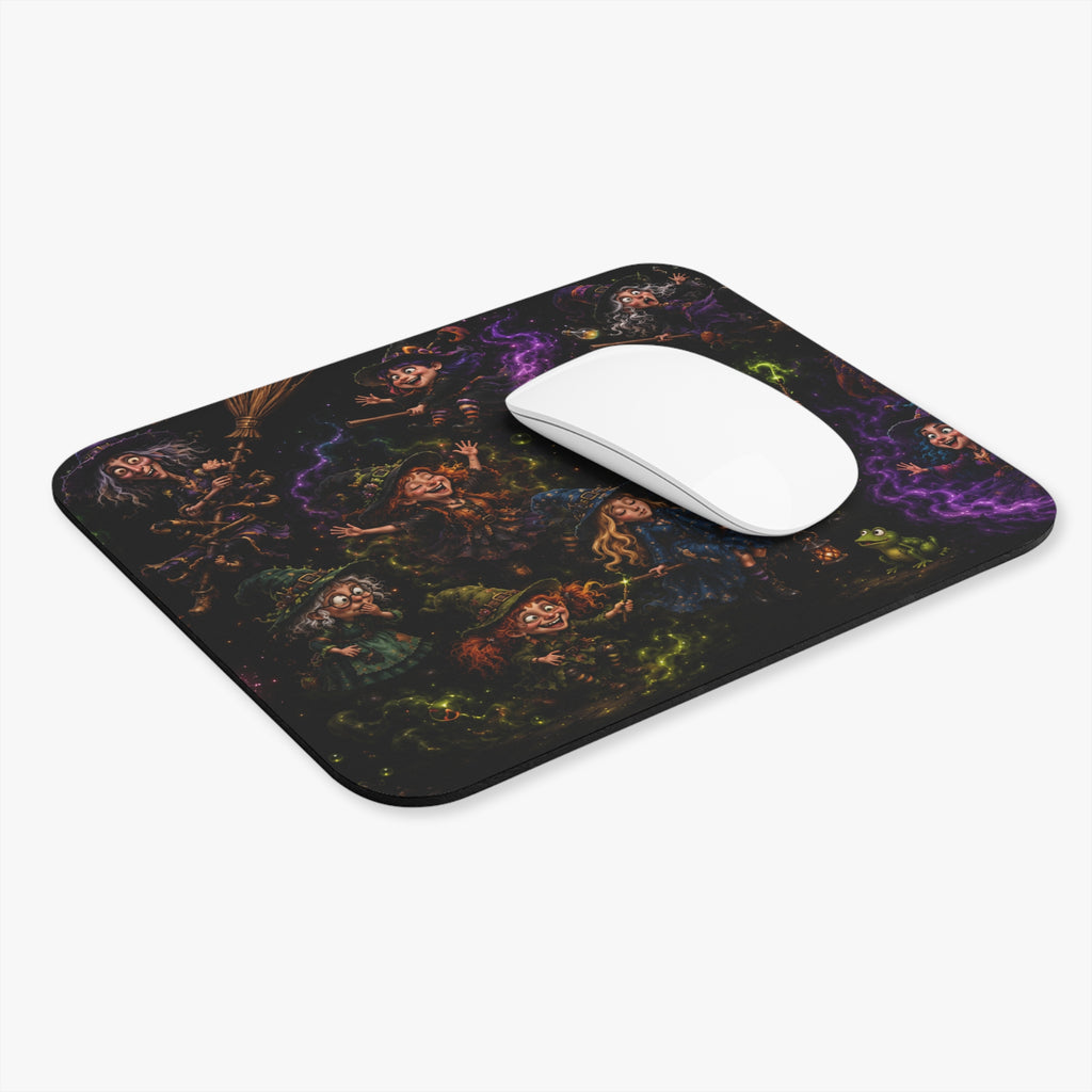 Witchy Night Rectangle Mouse Pad — Cute Cartoon Witches Halloween Design