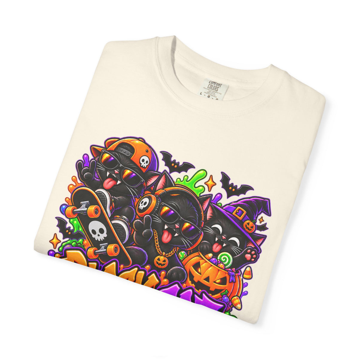 Neon Black Cat Halloween Chaos T-Shirt | Cute Spooky Cat Graphic Tee